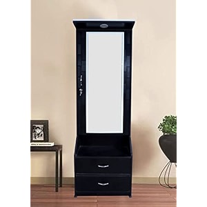 wooden assembled dressing table with mirror lock weinge and shelves - black