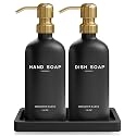 Luxury Glass Hand and Dish Soap Dispenser Set by Brighter Barns - Black and Gold Soap Dispenser Set for Kitchen Sink - Modern Kitchen Decor and Accessories for Restaurant, Hotel, Gifts (Black/Gold)
