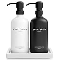 Luxury Glass Hand and Dish Soap Dispenser Set by Brighter Barns - Kitchen Soap Dispenser Set with Tray for Kitchen, Home or Restaurant - Modern Farmhouse Kitchen Decor (Black/White)