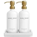 Luxury Glass Hand and Dish Soap Dispenser Set by Brighter Barns - Kitchen Soap Dispenser Set with Tray for Kitchen Sink - White and Gold Home Accessories &amp; Decor for Restaurants, Airbnb, Gift (Gold)