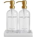 Luxury Glass Soap Dispenser Bathroom Set by Brighter Barns - Refillable Liquid Hand Soap and Lotion Dispenser Set with Tray and Pump - Gold Bathroom Decor for Guest House, Modern Home (Clear/Gold)