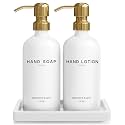 Luxury Glass Soap and Lotion Dispenser Set with Tray by Brighter Barns - Hand Soap Dispenser Bathroom Set &amp; Stainless Steel Pump for Home or Airbnb - White and Gold Bathroom Accessories &amp; Decor (Gold)