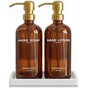 Luxury Glass Soap and Lotion Dispenser Set with Tray by Brighter Barns - Hand Soap Dispenser Bathroom Set with Stainless Steel Pumps - Gold Bathroom Decor for Guest House, Vacation Rental (Amber/Gold)
