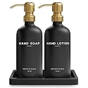 Luxury Glass Soap and Lotion Dispenser Set with Tray by Brighter Barns - Black and Gold Soap Dispenser Bathroom Set - Modern Bathroom Decor for Spa, Guest House, Vacation Rentals, Gifts (Black/Gold)