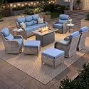 Luxury Patio Furniture Set 10pcs with 6-inch Cushion, Outdoor Furniture with Fire Pit Table, Swivel Chairs, Sofa, Side Table, Ottomans, Patio Set for Deck Yard Brown Wicker | Blue Cushions
