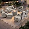 Luxury Patio Furniture Set 10pcs with 6-inch Thick Cushion, Outdoor Furniture with Fire Pit Table, Swivel Chairs, Sofa, Side Table, Ottomans, Patio Set for Deck Yard Grey Wicker | Grey Cushions