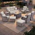 Luxury Patio Furniture Set 10pcs with 6-inch Thick Cushion, Outdoor Furniture with Fire Pit Table, Swivel Chairs, Sofa, Side Table, Ottomans, Patio Set for Deck Yard Brown Wicker | Beige Cushions
