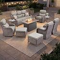 Luxury Patio Furniture Set 10pcs with 6-inch Thick Cushion, Outdoor Furniture with Fire Pit Table, Swivel Chairs, Sofa, Side Table, Ottomans, Patio Set for Deck Yard Brown Wicker | Grey Cushions