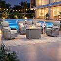 Luxury Patio Furniture Set with 6-inch Thick Cushion, Outdoor Furniture with Fire Pit Table, Swivel Chairs, Side Table, Sofa, 5pcs Wicker Conversation Set for Deck Yard (Brown Wicker | Grey Cushion)