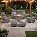 Luxury Patio Furniture Set with 6-inch Thick Cushion, Outdoor Furniture with Fire Pit Table, Swivel Chairs, Sofa, Side Table, Ottomans, 7pcs Wicker Conversation Set Grey Wicker | Grey Cushions