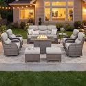 Luxury Patio Furniture Set with 6-inch Thick Cushion, Outdoor Furniture with Fire Pit Table, Swivel Chairs, Sofa, Side Table, Ottomans, 9pcs Wicker Conversation Set(Brown Wicker | Beige Cushion)