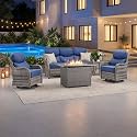 Luxury Patio Furniture Set with 6-inch Thick Cushion, Outdoor Furniture with Fire Pit Table, Swivel Chairs, Side Table, Sofa, 5pcs Wicker Conversation Set for Deck Yard Grey Wicker | Blue Cushion