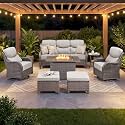 Luxury Patio Furniture Set with 6-inch Thick Cushion, Outdoor Furniture with Fire Pit Table, Swivel Chairs, Sofa, Side Table, Ottomans, 7pcs Wicker Conversation Set (Brown Wicker | Beige Cushion)
