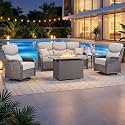 Luxury Patio Furniture Set with 6-inch Thick Cushion, Outdoor Furniture with Fire Pit Table, Swivel Chairs, Side Table, Sofa, 5pcs Wicker Conversation Set for Deck Yard (Brown Wicker | Beige Cushion)