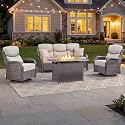 Luxury Patio Furniture Set with 6-inch Thick Cushion, Outdoor Furniture with Fire Pit Table, Swivel Chairs, Sofa, 4pcs Wicker Conversation Set for Deck Yard and Poolside(Brown Wicker | Beige Cushion)