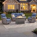 Luxury Patio Furniture Set with 6-inch Thick Cushion, Outdoor Furniture with Fire Pit Table, Swivel Chairs, Sofa, 4pcs Wicker Conversation Set for Deck Yard and Poolside(Brown Wicker | Blue Cushion)