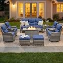Luxury Patio Furniture Set with 6-inch Thick Cushion, Outdoor Furniture with Fire Pit Table, Swivel Chairs, Sofa, Side Table, Ottomans, 9pcs Wicker Conversation Set Grey Wicker | Blue Cushion