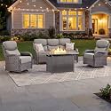 Luxury Patio Furniture Set with 6-inch Thick Cushion, Outdoor Furniture with Fire Pit Table, Swivel Chairs, Sofa, 4pcs Wicker Conversation Set for Deck Yard and Poolside Brown Wicker | Grey Cushions