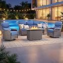Luxury Patio Furniture Set with 6-inch Thick Cushion, Outdoor Furniture with Fire Pit Table, Swivel Chairs, Side Table, Sofa, 5pcs Wicker Conversation Set for Deck Yard (Brown Wicker | Blue Cushion)