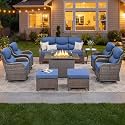 Luxury Patio Furniture Set with 6-inch Thick Cushion, Outdoor Furniture with Fire Pit Table, Swivel Chairs, Sofa, Side Table, Ottomans, 9pcs Wicker Conversation Set (Brown Wicker | Blue Cushion)