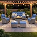 Luxury Patio Furniture Set with 6-inch Thick Cushion, Outdoor Furniture with Fire Pit Table, Swivel Chairs, Sofa, Side Table, Ottomans, 7pcs Wicker Conversation Set (Brown Wicker | Blue Cushion)