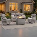 Luxury Patio Furniture Set with 6-inch Thick Cushion, Outdoor Furniture with Fire Pit Table, Swivel Chairs, Sofa, 4pcs Wicker Conversation Set for Deck Yard and Poolside Grey Wicker | Grey Cushions