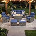 Luxury Patio Furniture Set with 6-inch Thick Cushion, Outdoor Furniture with Fire Pit Table, Swivel Chairs, Sofa, Side Table, Ottomans, 7pcs Wicker Conversation Set Grey Wicker | Blue Cushion