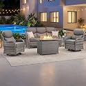Luxury Patio Furniture Set with 6-inch Thick Cushion, Outdoor Furniture with Fire Pit Table, Swivel Chairs, Side Table, Sofa, 5pcs Wicker Conversation Set for Deck Yard Grey Wicker | Grey Cushions
