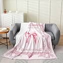 Luxury Ribbon Bow Pink Fleece Blanket,Damask Flower Throw Blanket for Sofa Adults,Cute Bowknot Soft Bedding Set Bed Couch,Queen (90 x 90 Inches)