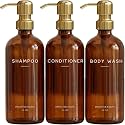 Luxury Shampoo and Conditioner Dispenser Set by Brighter Barns - Empty Shampoo Bottles Refillable with Gold Pump - Plastic Shower Soap Dispenser for Modern Bathroom Decor in Airbnb, Spa (Amber Gold)