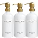 Luxury Shampoo and Conditioner Dispenser Set by Brighter Barns - Shower Soap Dispenser - Shampoo Conditioner Body Wash Dispenser & Pump - White and Gold Bathroom Accessories in Spa, Hotel, Gift (Gold)