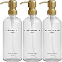 Luxury Shampoo and Conditioner Dispenser Set by Brighter Barns - Shampoo Conditioner Body Wash Dispenser - Refillable Plastic Shower Bottles for Gold Bathroom Decor, Spa, Hotel, Gifts (Clear/Gold)