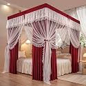 Luxury Wine Red Double Layer Bed Canopy Curtain with Ruffle Princess Mosquito Net 4 Corners Post Design for Girls and Adults Bedroom Decoration.