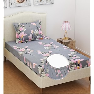 luxyry trends cotton all round elastic fitted bedsheets with 1 pillow coversingle mattress bed breathable longlasting  supersoft size - 36 x 72  6 inches color -pink grey