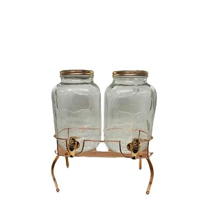 glass made combo juice dispenser with attached tap and golden stand with two free mason jars- 4 liter single dispenser