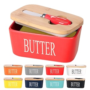 ceramic butter dish with bamboo lid and stainless steel knife spreader