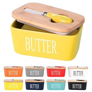 ceramic butter dish with bamboo lid and stainless steel knife spreader