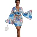 LYANER Women 2 Piece Vacation Outfits Tie Knot Front Bell Long Sleeve Crop Top and Mini Skirt Summer Set