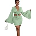 LYANER Women 2 Piece Vacation Outfits Tie Knot Front Bell Long Sleeve Crop Top and Mini Skirt Summer Set