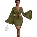 LYANER Women 2 Piece Vacation Outfits Tie Knot Front Bell Long Sleeve Crop Top and Mini Skirt Summer Set