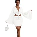 LYANER Women 2 Piece Vacation Outfits Tie Knot Front Bell Long Sleeve Crop Top and Mini Skirt Summer Set