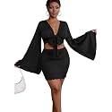 LYANER Women 2 Piece Vacation Outfits Tie Knot Front Bell Long Sleeve Crop Top and Mini Skirt Summer Set