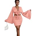 LYANER Women 2 Piece Vacation Outfits Tie Knot Front Bell Long Sleeve Crop Top and Mini Skirt Summer Set