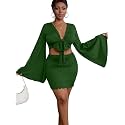 LYANER Women 2 Piece Vacation Outfits Tie Knot Front Bell Long Sleeve Crop Top and Mini Skirt Summer Set