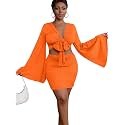 LYANER Women 2 Piece Vacation Outfits Tie Knot Front Bell Long Sleeve Crop Top and Mini Skirt Summer Set
