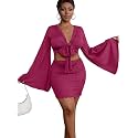 LYANER Women 2 Piece Vacation Outfits Tie Knot Front Bell Long Sleeve Crop Top and Mini Skirt Summer Set