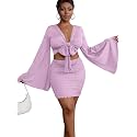 LYANER Women 2 Piece Vacation Outfits Tie Knot Front Bell Long Sleeve Crop Top and Mini Skirt Summer Set