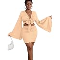 LYANER Women 2 Piece Vacation Outfits Tie Knot Front Bell Long Sleeve Crop Top and Mini Skirt Summer Set