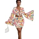 LYANER Women 2 Piece Vacation Outfits Tie Knot Front Bell Long Sleeve Crop Top and Mini Skirt Summer Set