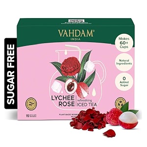 vahdam lychee rose iced tea - 15 pitcher tea bags  zero added sugar  blended with pure lychee amp rose  best for mocktails amp cocktails  plant-based biodegradable tea bags